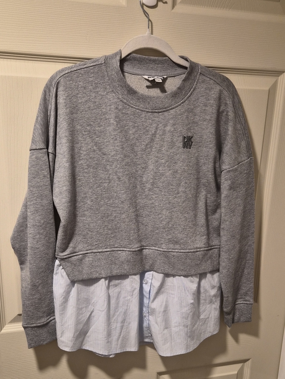 DKNY Gray Crewneck Sweatershirt with Attached Shirt Hem